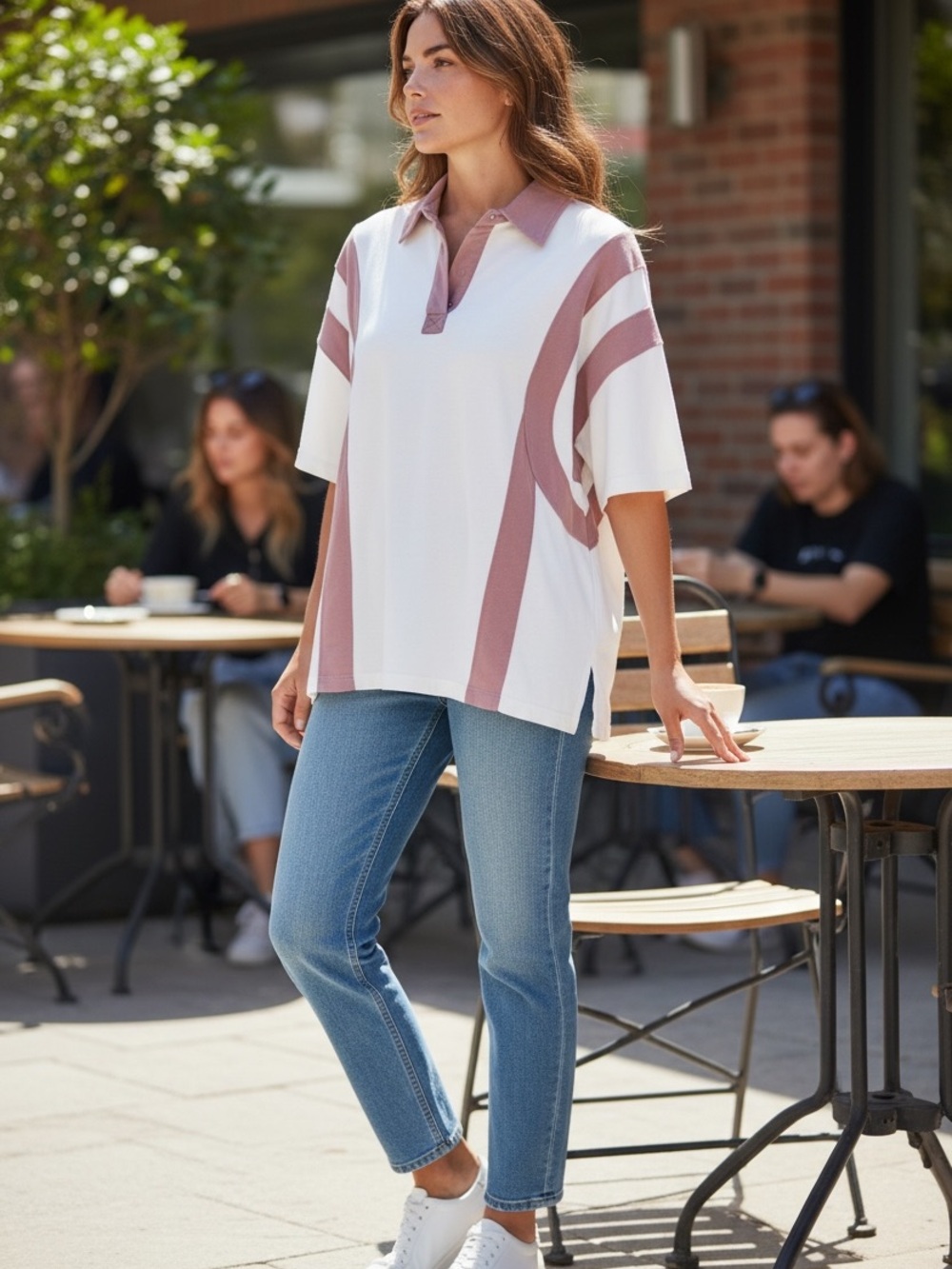 Blue Velvet Lg Button-Down Polo Shirt in Cream and Dusty Rose